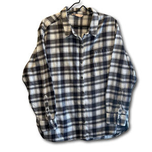 SO Goods For Life Woman’s Flannel Top Black White Plaid 100% Cotton Size L